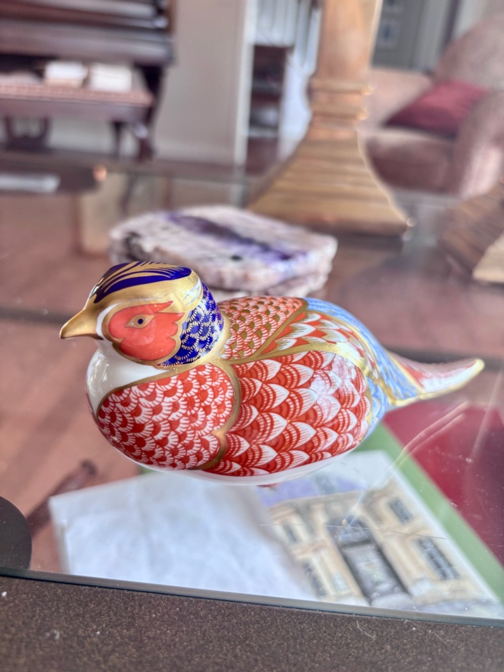 Hand-Painted Decorative Porcelein Bird Figurine in Red, Blue and Gold